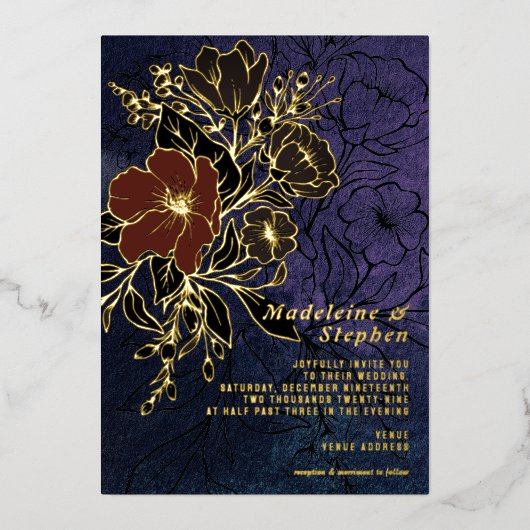 Donker Paarse Wildbloemen Herfst Winter Bruiloft Folie Uitnodiging (Voorkant)