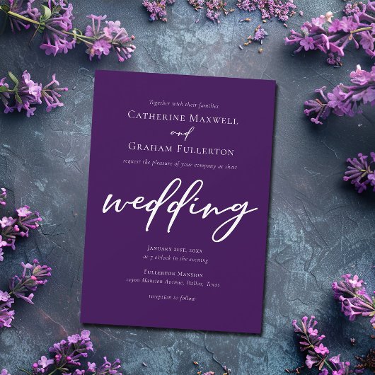 Donker Paarse witte script avond bruiloft Kaart