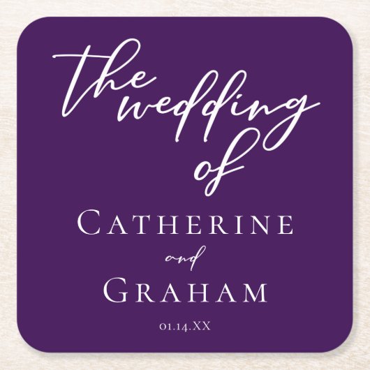 Donker Paarse witte typografie bruiloft Kartonnen Onderzetters (Voorkant)