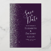 Donker Paarse zilveren glitter Bewaar de datum Folie Uitnodiging (Voorkant)