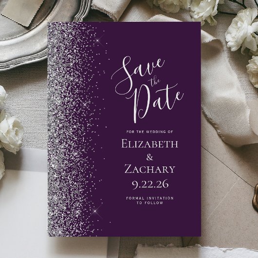 Donker Paarse zilveren glitter Bewaar de datum Folie Uitnodiging