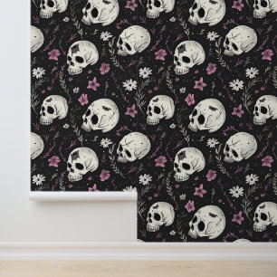 Donker Paarse Zwarte Schedel Roze Bloemen Gotisch Behang