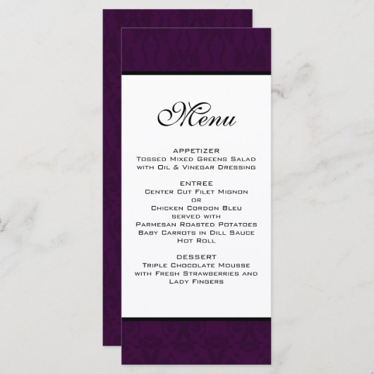 Donker Plum Damask Wedding Menu (Voorkant / Achterkant)
