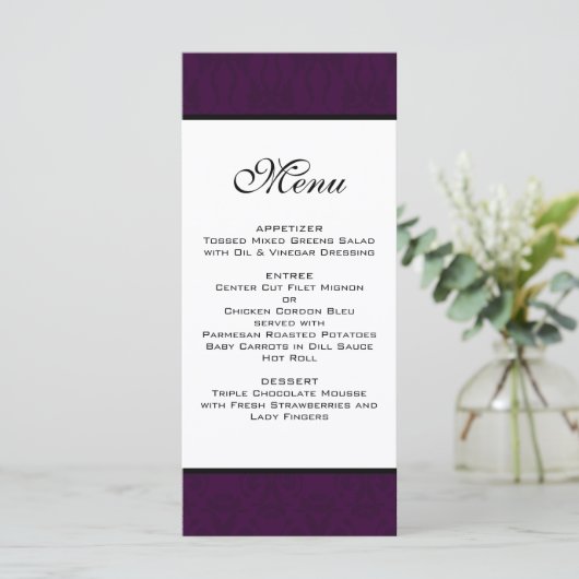 Donker Plum Damask Wedding Menu (Staand voorkant)