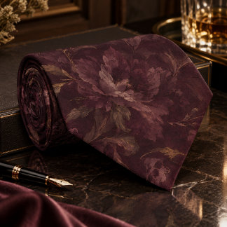 Donker Pruimen Bloemmotief | Luxe Vintage Botanica Stropdas