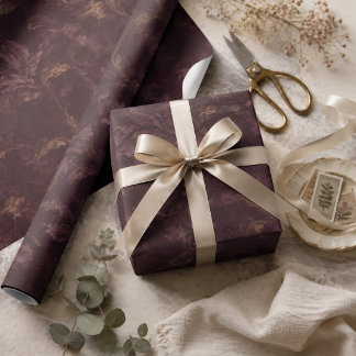 Donker Pruimen Bloempatroon | Luxe Vintage Botanic Cadeaupapier
