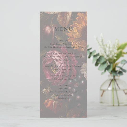 Donker Romantisch Barok Bloemen Schilderij Huwelij Menu (Staand voorkant)