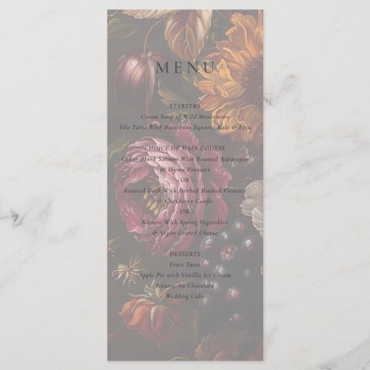 Donker Romantisch Barok Bloemen Schilderij Huwelij Menu (Voorkant)
