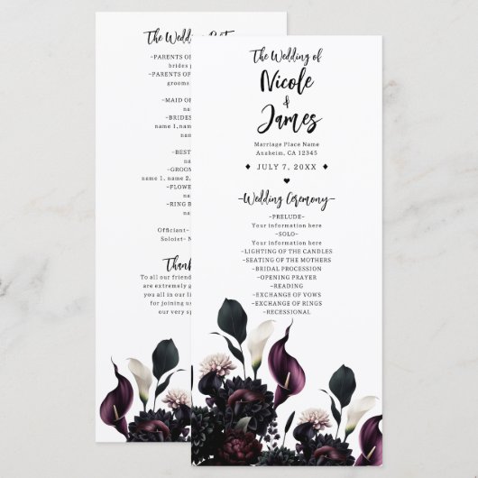 Donker Romantisch Bloemig Trouwprogramma Programmakaart (Voorkant / Achterkant)