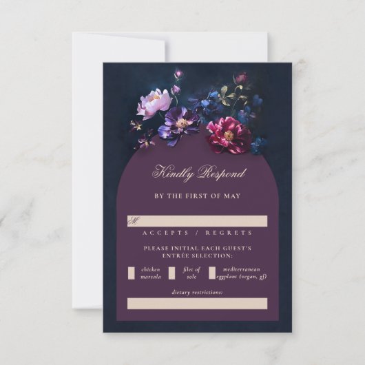 Donker Romantisch Moody Bloemen Jewel Mauve Bruilo RSVP Kaartje (Voorkant)