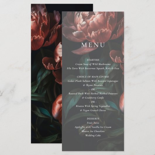Donker Romantische Fine Art Bloemen Bruiloft Menu (Voorkant / Achterkant)