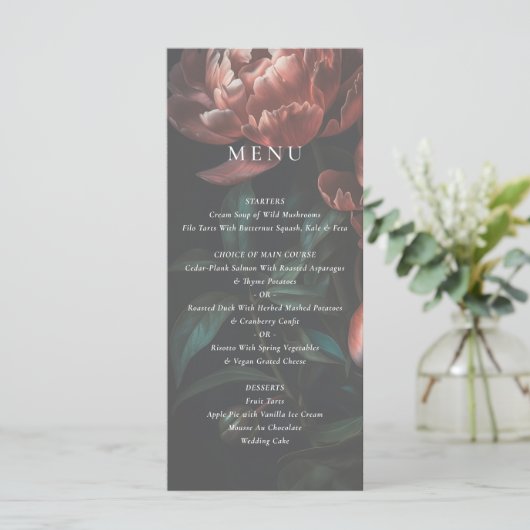 Donker Romantische Fine Art Bloemen Bruiloft Menu (Staand voorkant)
