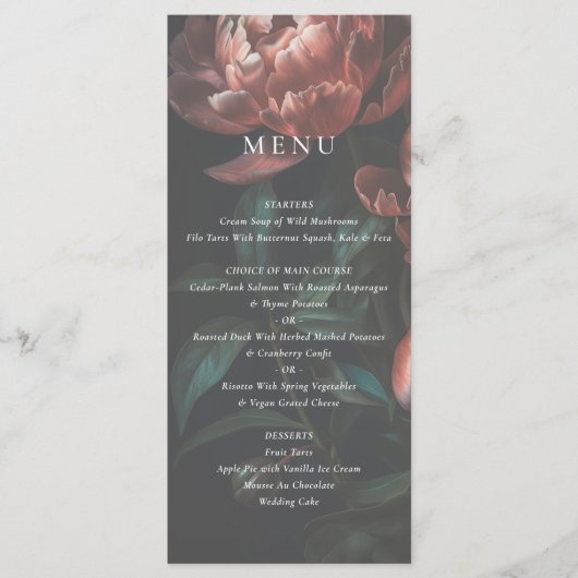 Donker Romantische Fine Art Bloemen Bruiloft Menu (Voorkant)