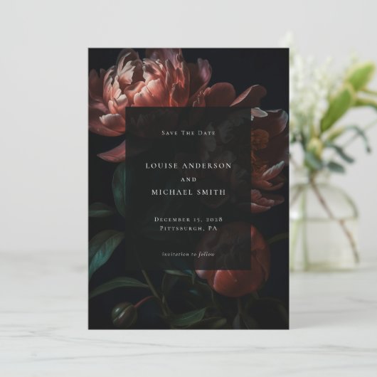 Donker Romantische Zwarte Pioen Bloemen Bruiloft F Save The Date (Staand voorkant)