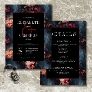 Donker  Rood & Roze Bloemen Tweezijdig Huwelijk Kaart