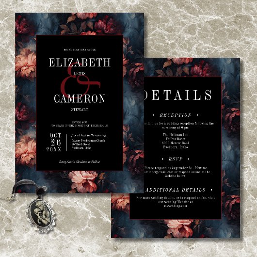 Donker Rood & Roze Bloemen Tweezijdig Huwelijk Kaart