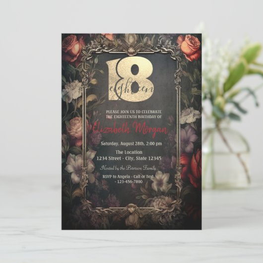  Donker Roos Gotisch 18e Verjaardag Kaart (Staand voorkant)