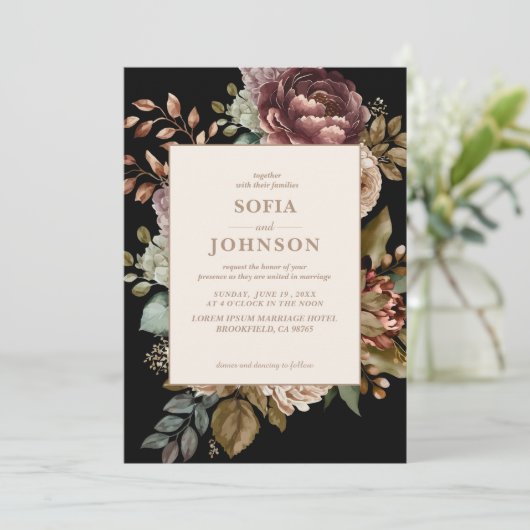 Donker Roos Herfst Winter Waterverf Bloemen Huweli Kaart (Staand voorkant)