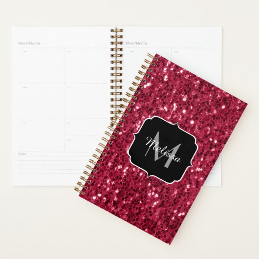 Donker roze rood magenta nepschittering Monogram Planner (Display)