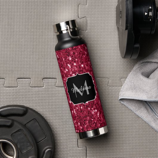 Donker roze rood magenta nepschittering Monogram Waterfles (Gym)