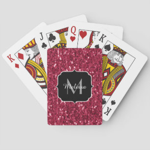 Donker roze rood magenta nepschittertjes Monogram Pokerkaarten