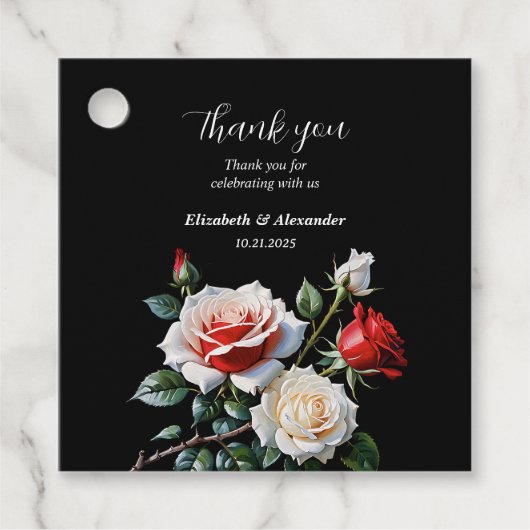 Donker  roze witte rode rozen bloemenbruiloft bedankjes labels (Voorkant)