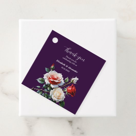 Donker roze witte rode rozen bloemenbruiloft bedankjes labels (In situ)