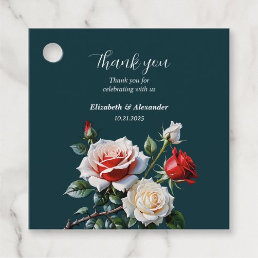 Donker  roze witte rode rozen bloemenbruiloft bedankjes labels (Voorkant)