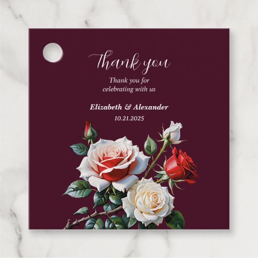 Donker  roze witte rode rozen bloemenbruiloft bedankjes labels (Voorkant)