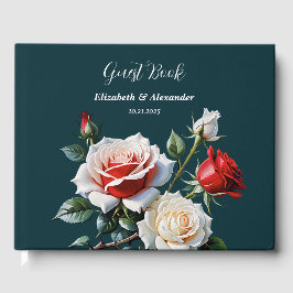 Donker  roze witte rode rozen bloemenbruiloft gastenboek