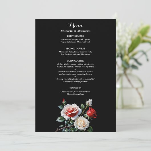 Donker  roze witte rode rozen bloemenbruiloft menu (Staand voorkant)