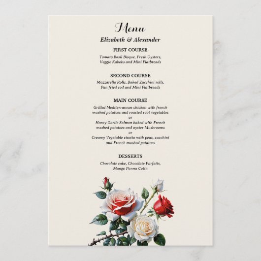 Donker roze witte rode rozen bloemenbruiloft menu (Voorkant)