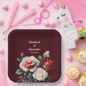 Donker  roze witte rode rozen bloemenbruiloft papieren bordje (Feest)