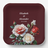 Donker  roze witte rode rozen bloemenbruiloft papieren bordje (Voorkant)