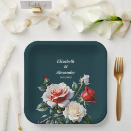 Donker  roze witte rode rozen bloemenbruiloft papieren bordje