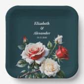 Donker  roze witte rode rozen bloemenbruiloft papieren bordje (Voorkant)