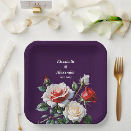 Donker  roze witte rode rozen bloemenbruiloft papieren bordje