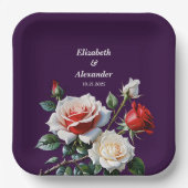 Donker  roze witte rode rozen bloemenbruiloft papieren bordje (Voorkant)