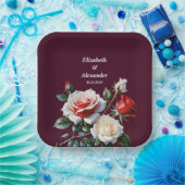 Donker  roze witte rode rozen bloemenbruiloft papieren bordje (Feest)