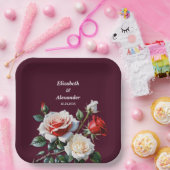 Donker  roze witte rode rozen bloemenbruiloft papieren bordje (Feest)