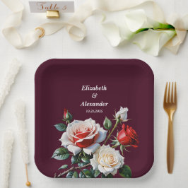 Donker  roze witte rode rozen bloemenbruiloft papieren bordje