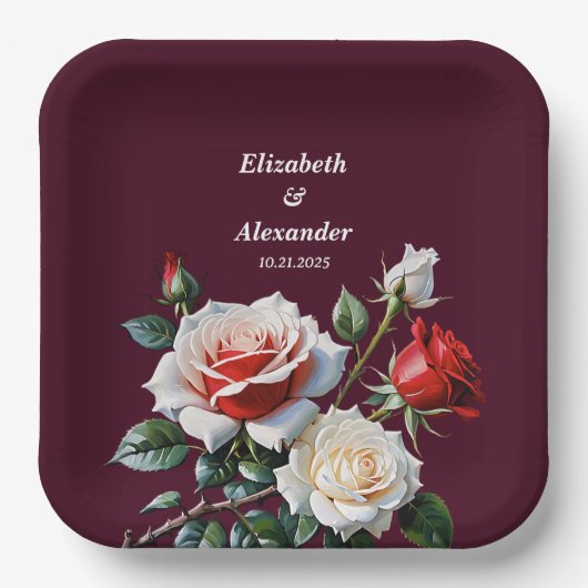 Donker  roze witte rode rozen bloemenbruiloft papieren bordje (Voorkant)