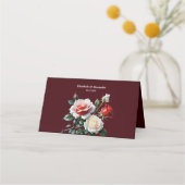 Donker roze witte rode rozen bloemenbruiloft plaatskaartje (Achterkant)