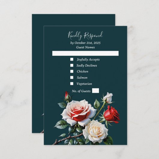 Donker  roze witte rode rozen bloemenbruiloft RSVP kaartje (Voorkant / Achterkant)