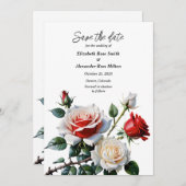 Donker roze witte rode rozen bloemenbruiloft save the date (Voorkant / Achterkant)