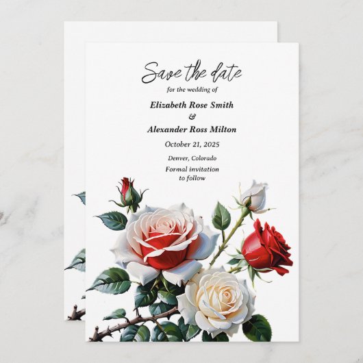 Donker roze witte rode rozen bloemenbruiloft save the date (Voorkant / Achterkant)