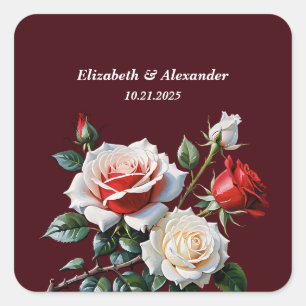 Donker roze witte rode rozen bloemenbruiloft vierkante sticker