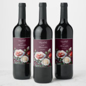 Donker  roze witte rode rozen bloemenbruiloft wijn etiket (Flessen)