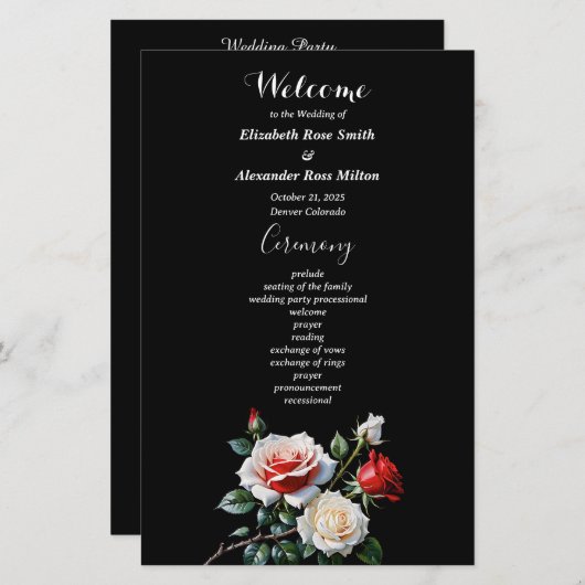 Donker  roze witte rode rozen huwelijksprogramma (Voorkant / Achterkant)