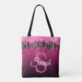 Donker Roze Zwart Glitter Monogram Moderne Luxe Tote Bag (Achterkant)